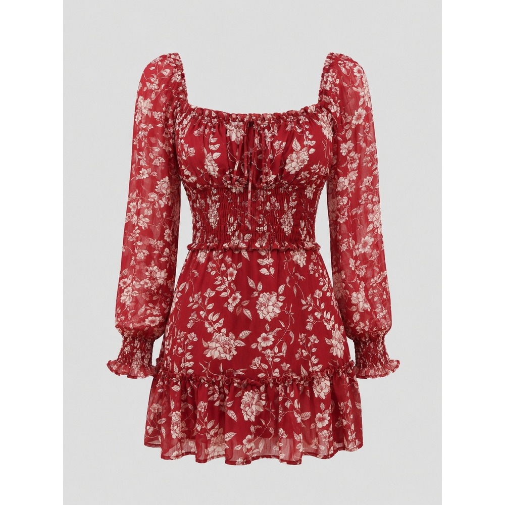 Trixxi Red Floral Smocked Waist Ruffle Mini Dress Square Neck Long‎ Sleeve XS